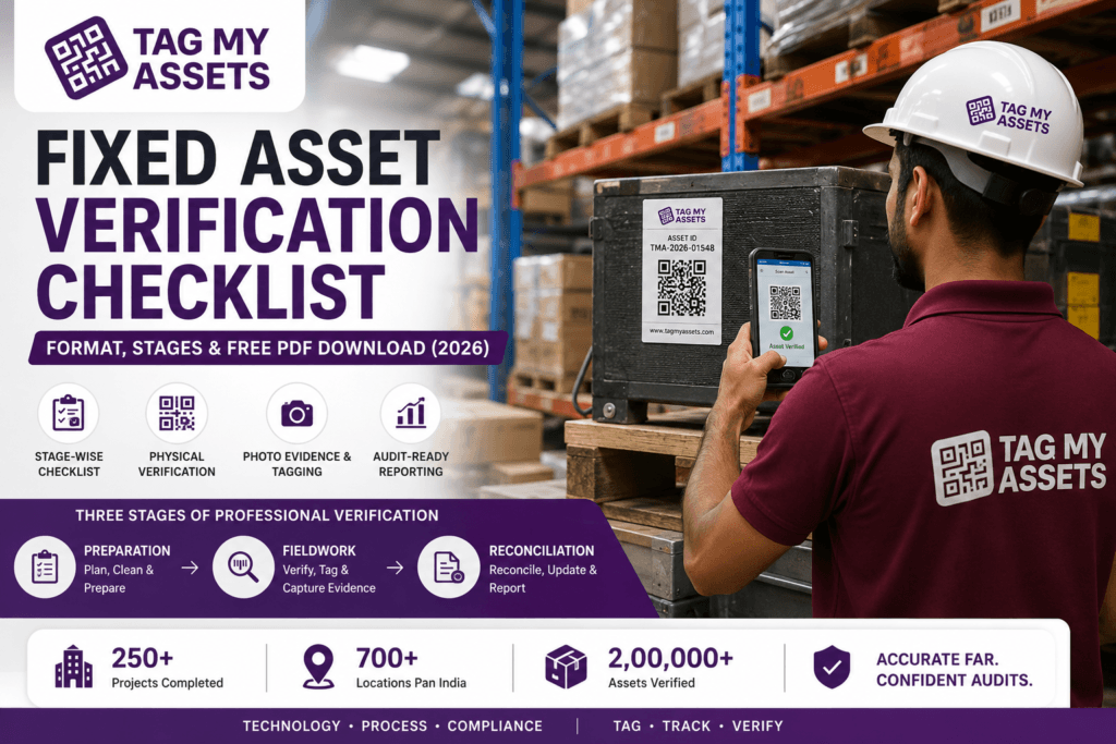 Fixed asset verification checklist banner showing a TagMyAssets auditor scanning tagged assets in a warehouse for physical verification, FAR reconciliation, and audit-ready asset management.