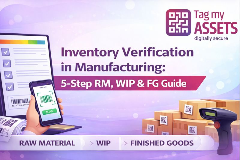 Inventory verification in manufacturing showing 5-step process for raw material, WIP and finished goods using QR code scanning by Tag My Assets