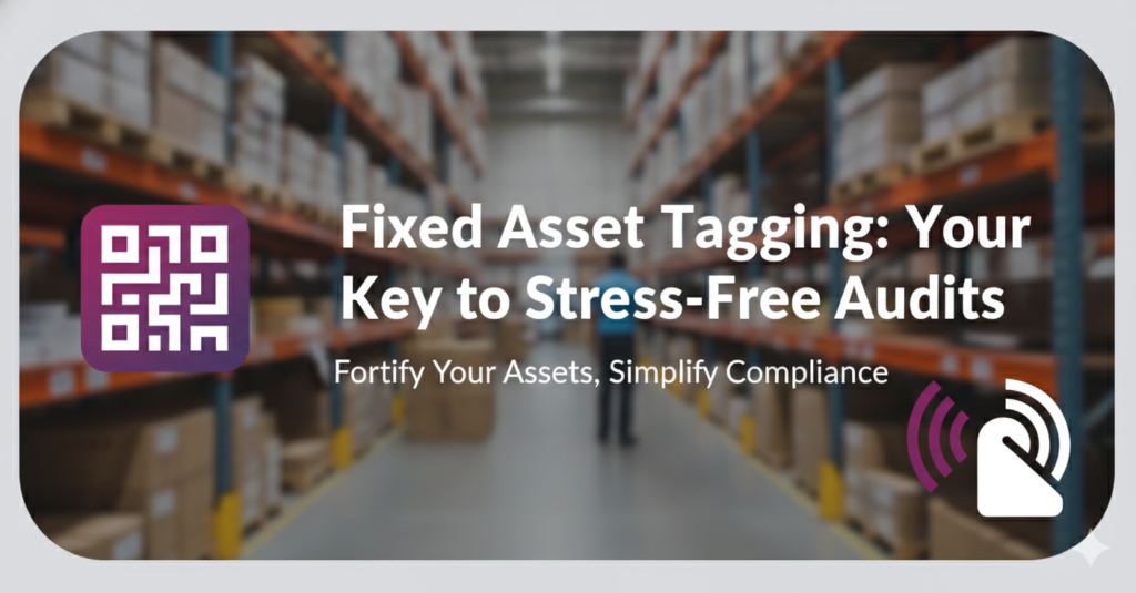 TagMyAssets banner for fixed asset tagging and verification services featuring a warehouse background and RFID signal icons for stress-free audits.