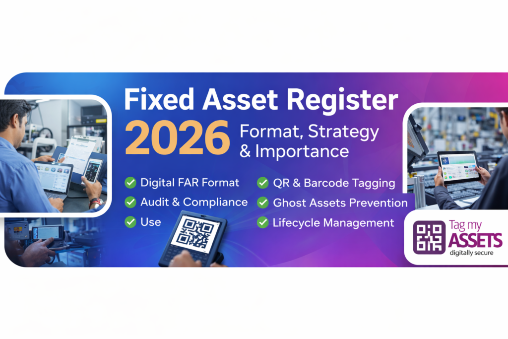 Professional Fixed Asset Register 2026 dashboard showing asset categories, depreciation schedules, and QR code tracking for audit compliance.
