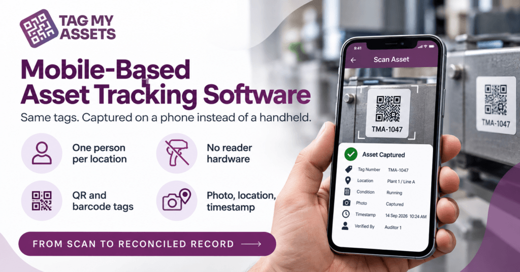 Mobile-based asset tracking software in use — asset tag scanned on a smartphone during fixed asset verification by TagMyAssets