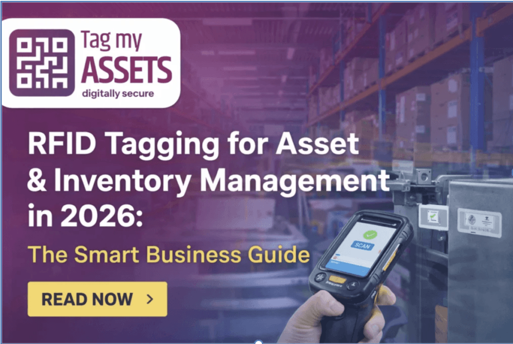 Banner for the guide "RFID Tagging for Asset & Inventory Management
in 2026" showing a handheld RFID scanner being used in a warehouse