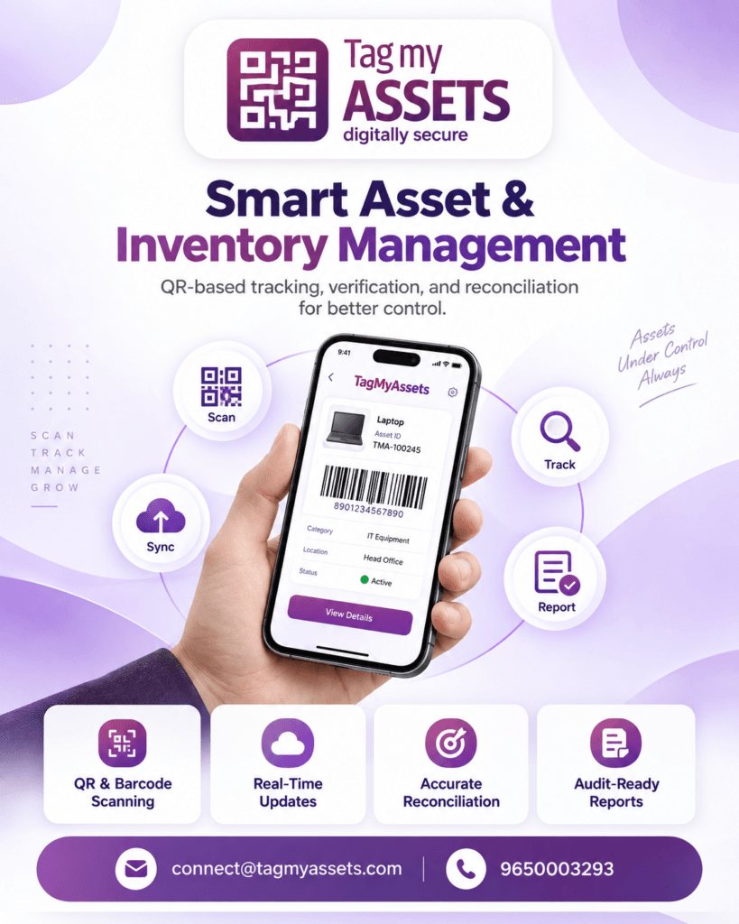 Infographic showing a mobile app scanning a QR-coded laptop for asset tracking, with scan, sync, track and report features for smart asset and inventory management