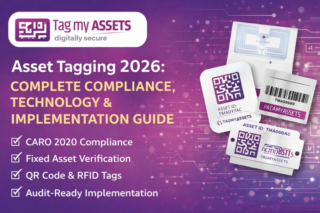 Tag My Assets asset tagging services banner with QR code branding and digitally secure message