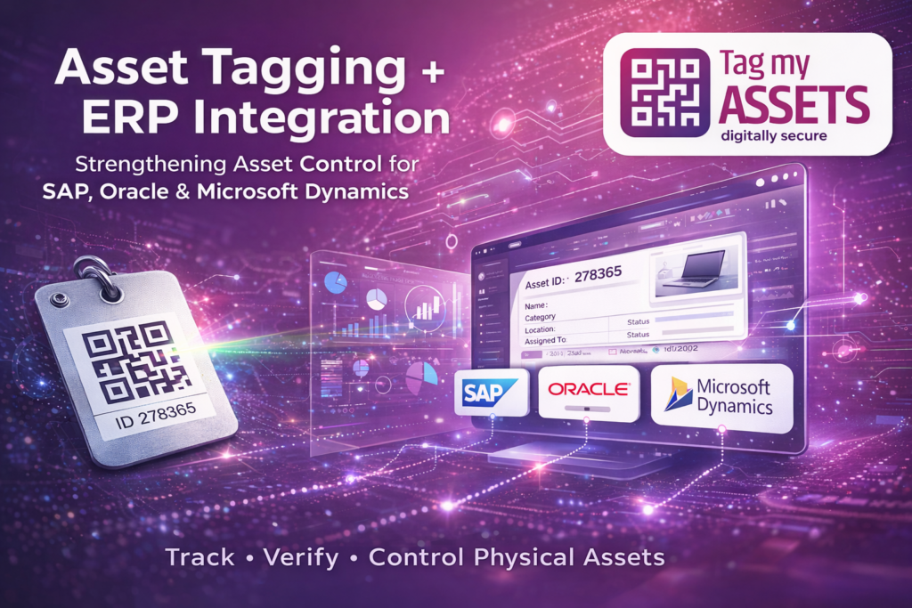 Asset Tagging ERP Integration illustration showing QR code tagged asset connected with SAP, Oracle and Microsoft Dynamics for physical asset tracking and ERP asset management