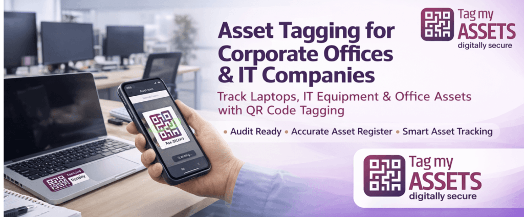 Office asset tagging using QR code tags on corporate IT equipment