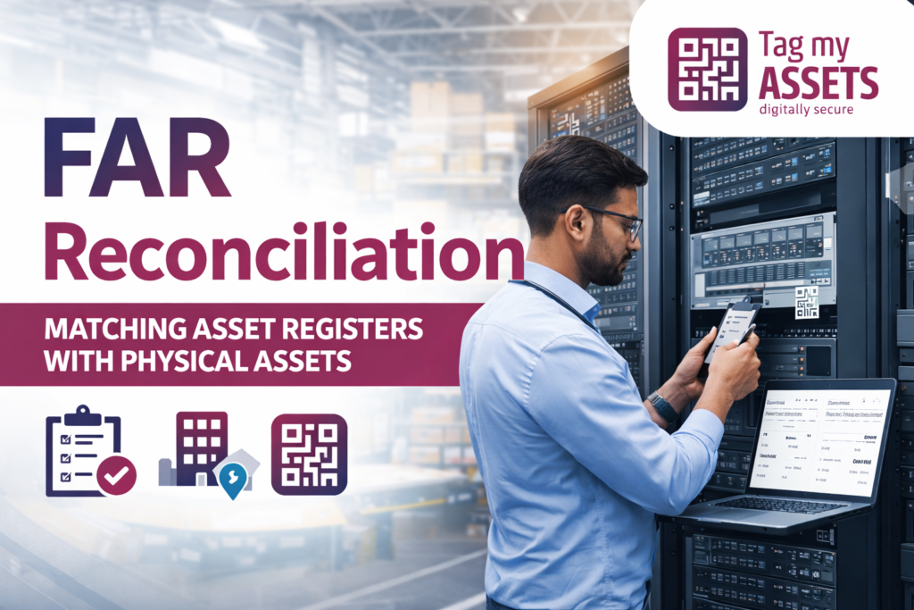 FAR reconciliation process comparing fixed asset register with physical assets using QR code tagging