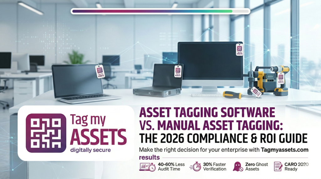 Comparison banner for TagMyAssets.com showing asset tagging software vs manual asset tagging in a modern office, featuring QR code labels on laptops and equipment with 2026 compliance and ROI statistics.
