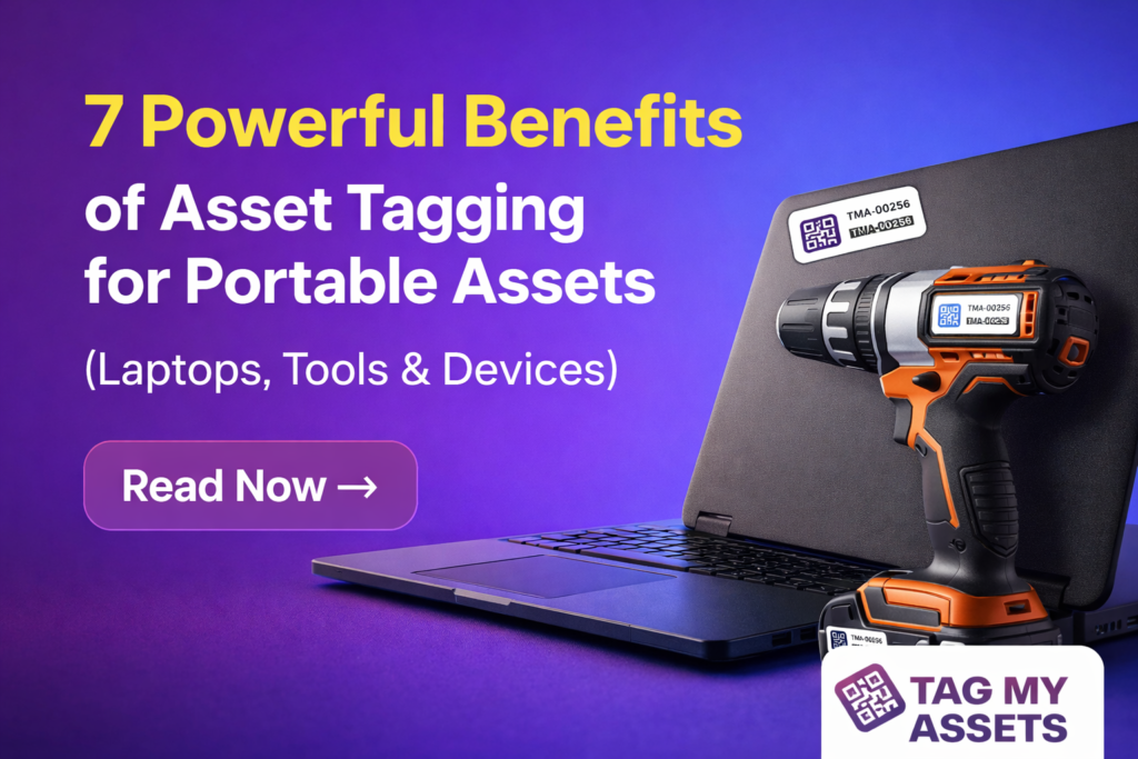 Asset tagging for portable assets banner showing laptop and tools with QR tags highlighting tracking of laptops, devices, and equipment by TagMyAssets