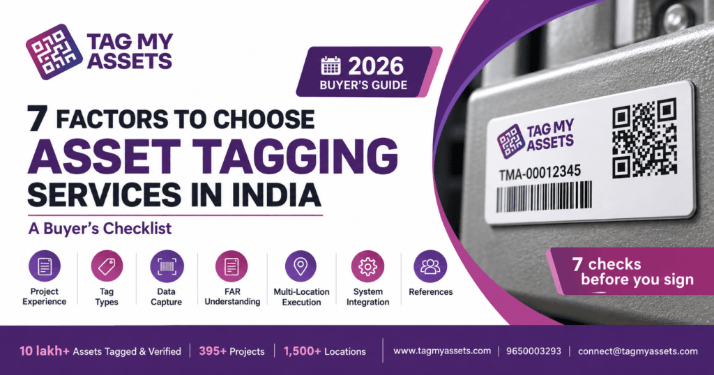 Buyer's guide banner listing seven factors for choosing asset tagging services in India, with a TagMyAssets QR asset label