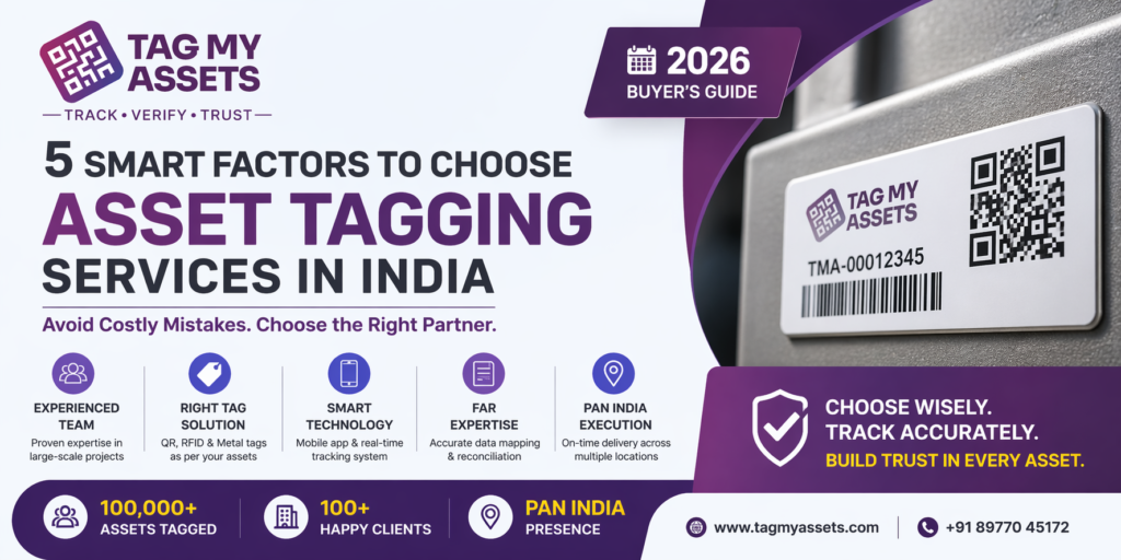 Best asset tagging services in India banner with QR code label, RFID tagging solutions, and asset tracking system by TagMyAssets.