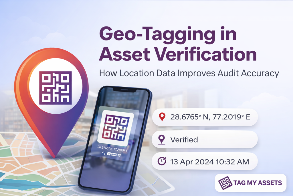 Geo-tagging in asset verification banner showing a GPS location pin, QR code scanning on a mobile phone, coordinates, verification status, and timestamp, with Tag My Assets branding.