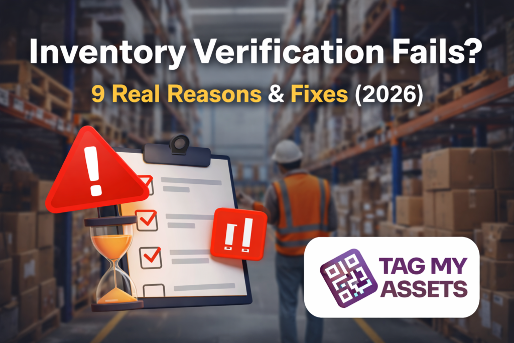 Inventory verification failure reasons and solutions in large companies with warehouse background, checklist, warning icons, and TagMyAssets logo banner