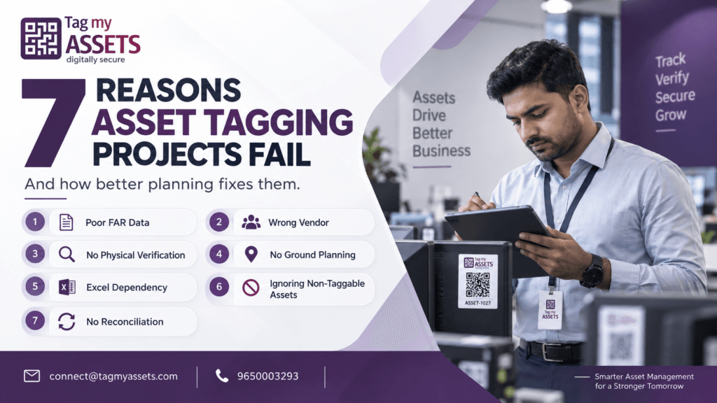 7 reasons asset tagging projects fail in India: poor FAR data, wrong
vendor selection, no physical verification, no ground planning, Excel
dependency, ignoring non-taggable assets, and no reconciliation