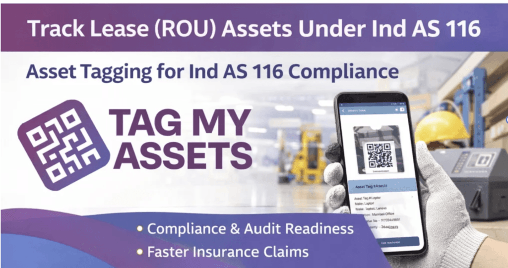 Asset tagging for lease assets under Ind AS 116 — QR-tagged leased IT equipment mapped to Right-of-Use asset records