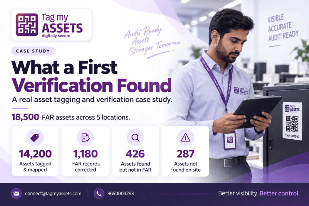 Asset Tagging Case Study India infographic showing 18,500 assets
across five locations, 14,200 tagged, 1,180 FAR records corrected,
and 426 assets found but unrecorded