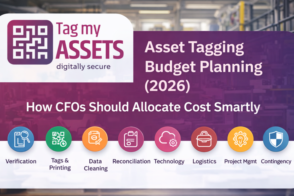 Asset tagging budget planning 2026 banner showing cost allocation components like verification, tags, data cleaning, reconciliation, technology, logistics, project management and contingency