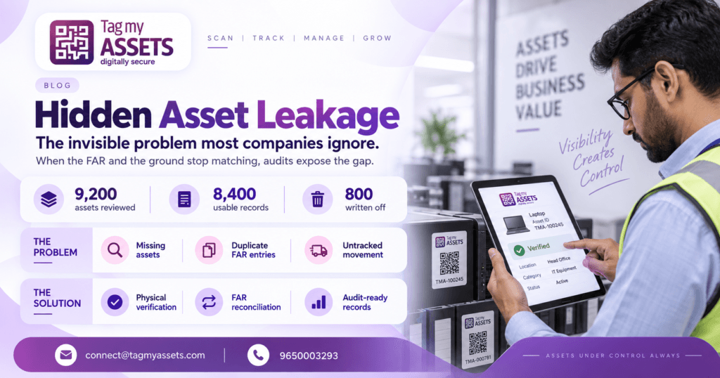 Infographic on hidden asset leakage showing 9,200 assets reviewed,
8,400 usable records, and 800 written off, covering the problem
(missing assets, duplicate FAR entries, untracked movement) and the
solution (physical verification, FAR reconciliation, audit-ready
records)