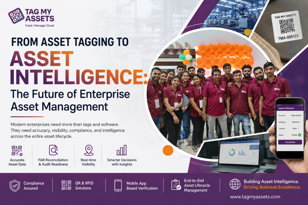 Enterprise asset management and asset intelligence solutions by TagMyAssets featuring QR and RFID asset tagging, FAR reconciliation, audit-ready verification, and mobile app-based asset tracking team in India.