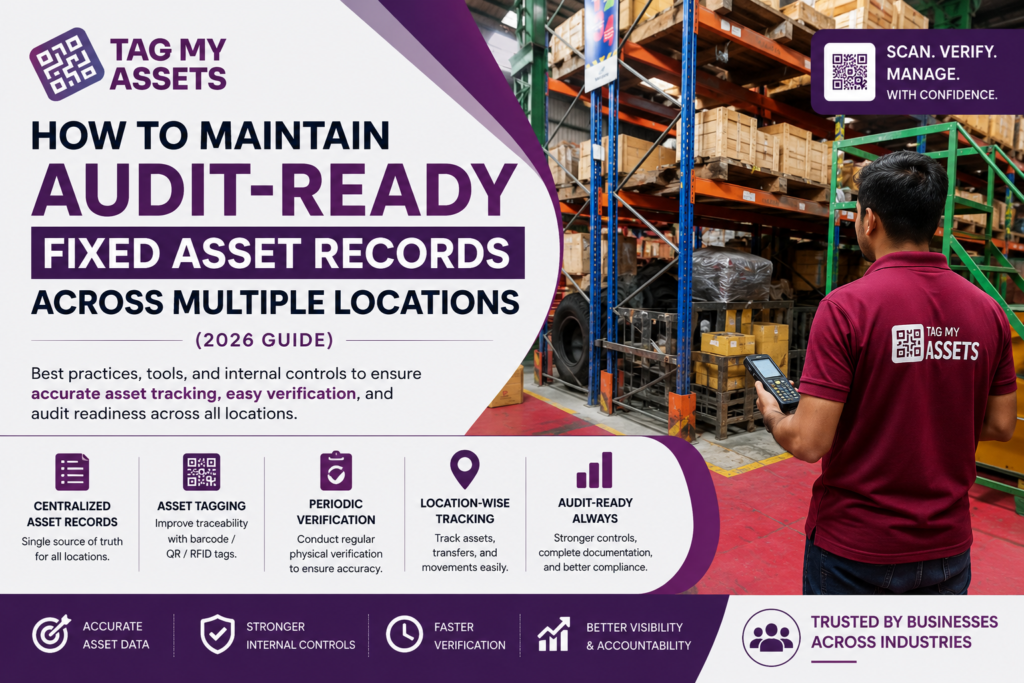 Audit-ready fixed asset records across multiple locations using asset tagging, barcode verification, FAR reconciliation, and warehouse physical verification process by Tag My Assets.