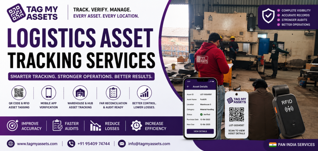 Logistics asset tracking services team performing industrial asset verification and RFID asset tagging in a manufacturing warehouse using QR code and digital asset management solutions by TagMyAssets.