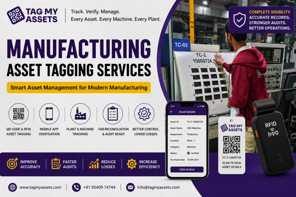 Asset tagging being applied to manufacturing equipment as part of Manufacturing Asset Tagging Services by TagMyAssets, enhancing machine tracking, FAR reconciliation, and factory asset management.