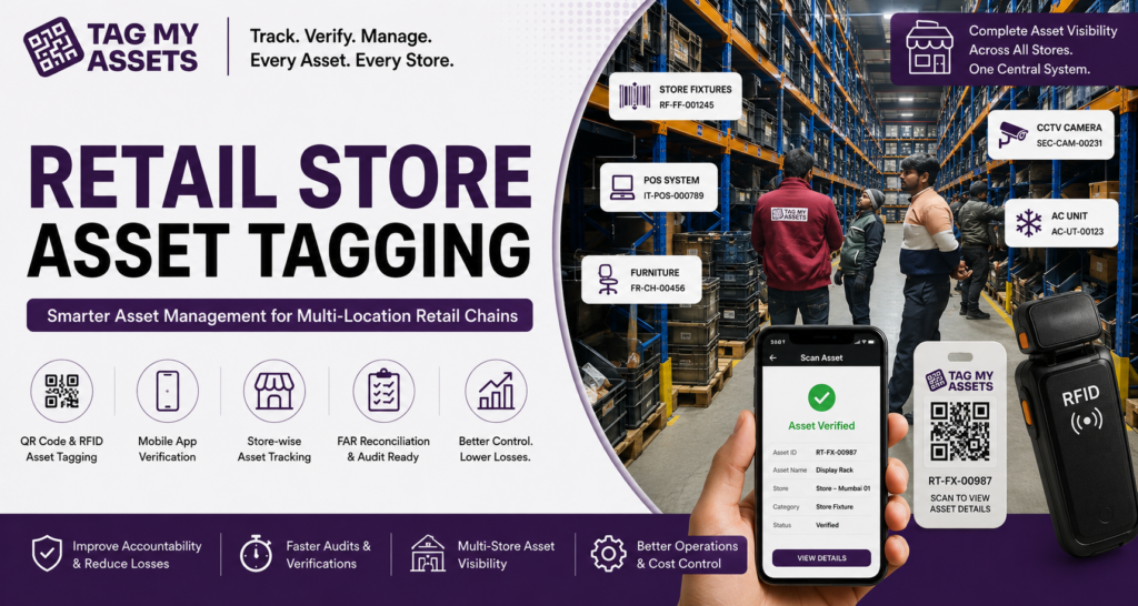 Retail store asset tagging and multi-location retail asset management solutions by TagMyAssets
 using QR code and RFID technology for store asset verification, fixture tracking, and FAR reconciliation.