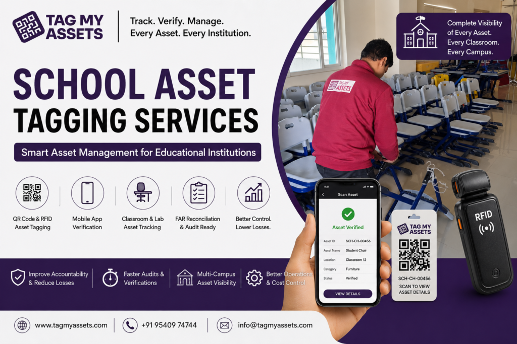 School asset tagging and educational infrastructure management solutions by TagMyAssets using QR code and RFID technology for classroom asset tracking, school asset verification, and FAR reconciliation.