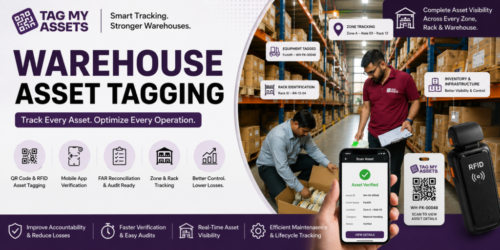 Warehouse asset tagging services and inventory infrastructure management solutions by TagMyAssets using QR code and RFID technology for warehouse asset verification, rack tracking, and FAR reconciliation.