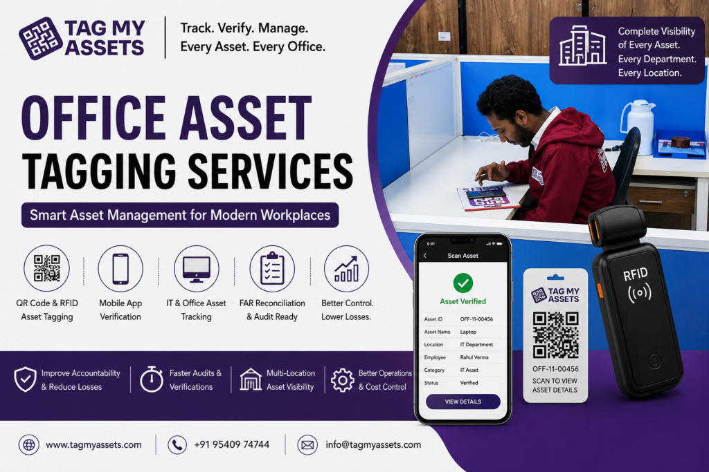 Office Asset Tagging Services by TagMyAssets for workplace asset tracking, IT asset verification, QR code and RFID tagging, FAR reconciliation, and corporate infrastructure management.