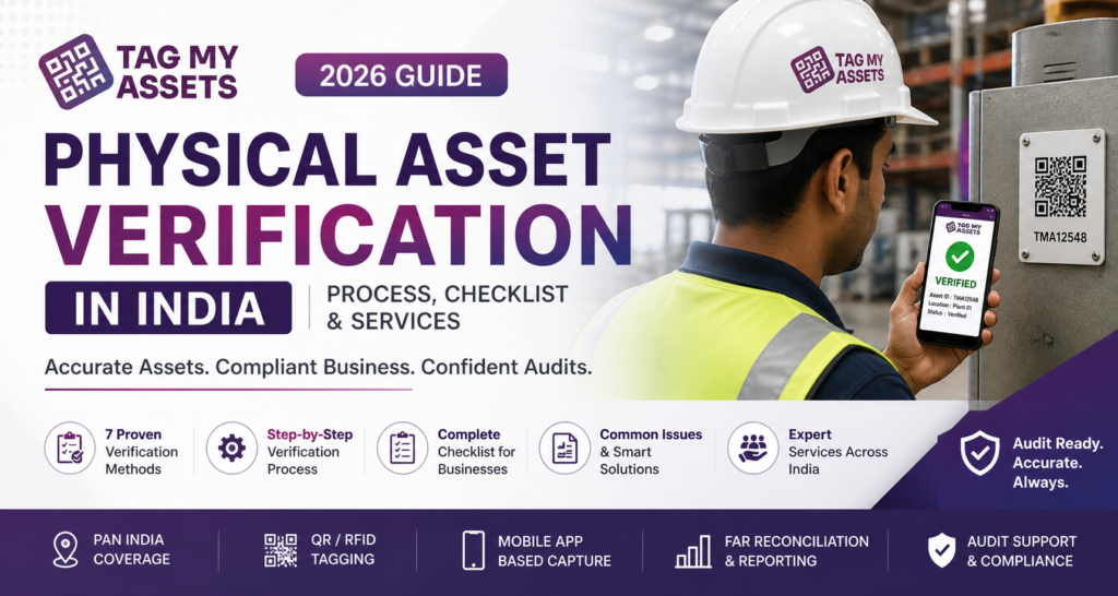 Physical asset verification services in India banner showing QR/RFID tagging, FAR reconciliation, audit-ready asset tracking using mobile app by TagMyAssets