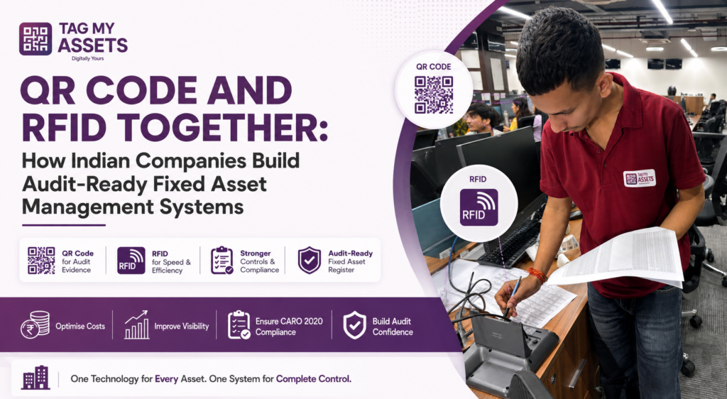 Tag My Assets team demonstrating QR Code and RFID together for audit-ready fixed asset management, FAR verification, and CARO 2020 compliance in India.