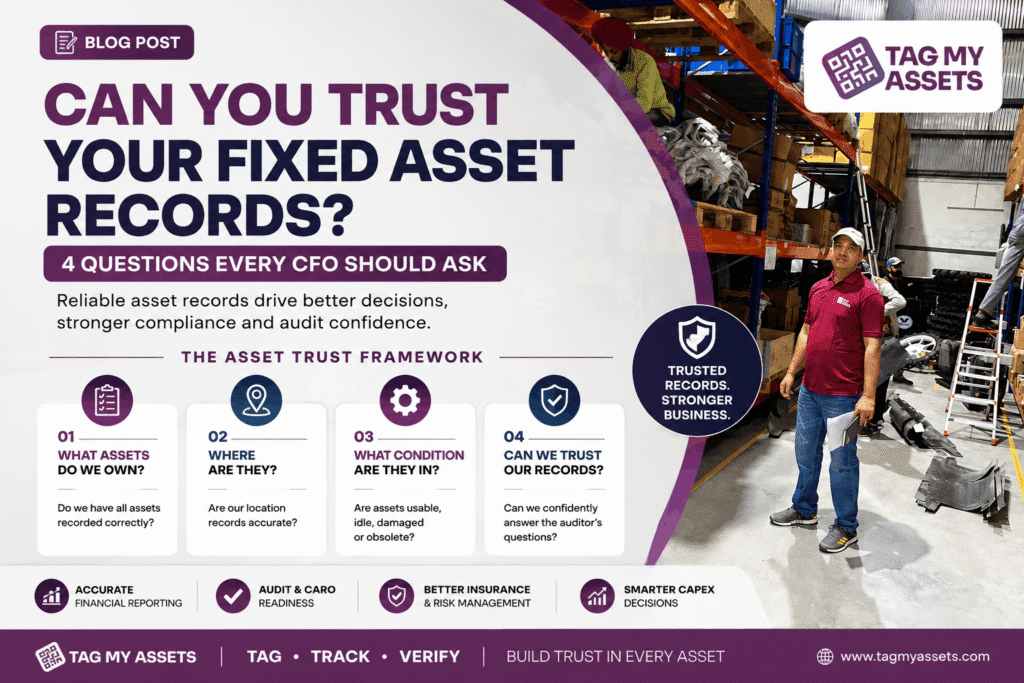 Asset verification team conducting fixed asset physical verification in a warehouse to validate asset records using the Asset Trust Framework for accurate FAR reconciliation and audit readiness