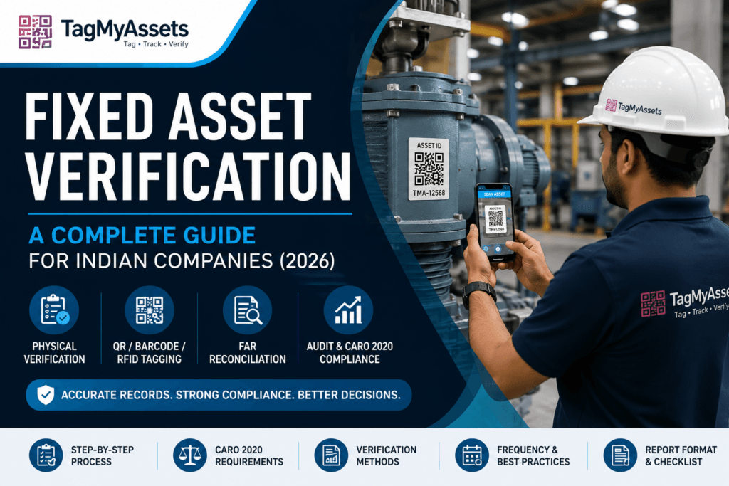 Engineer performing fixed asset verification by scanning a QR-coded industrial asset during a physical asset audit in India.