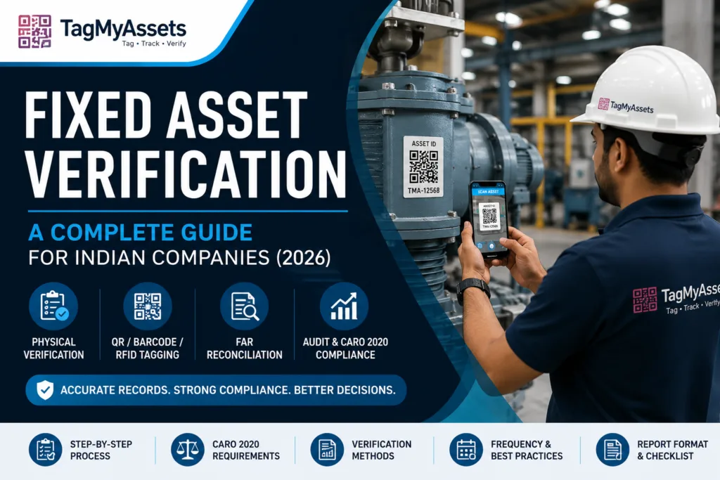Engineer performing fixed asset verification by scanning a QR-coded industrial asset during a physical asset audit in India.
