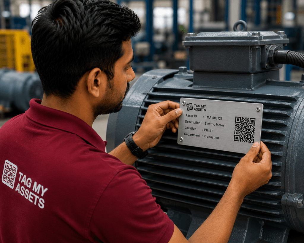 TagMyAssets technician fixing a metal asset tag with etched QR code on an industrial motor during plant asset tagging