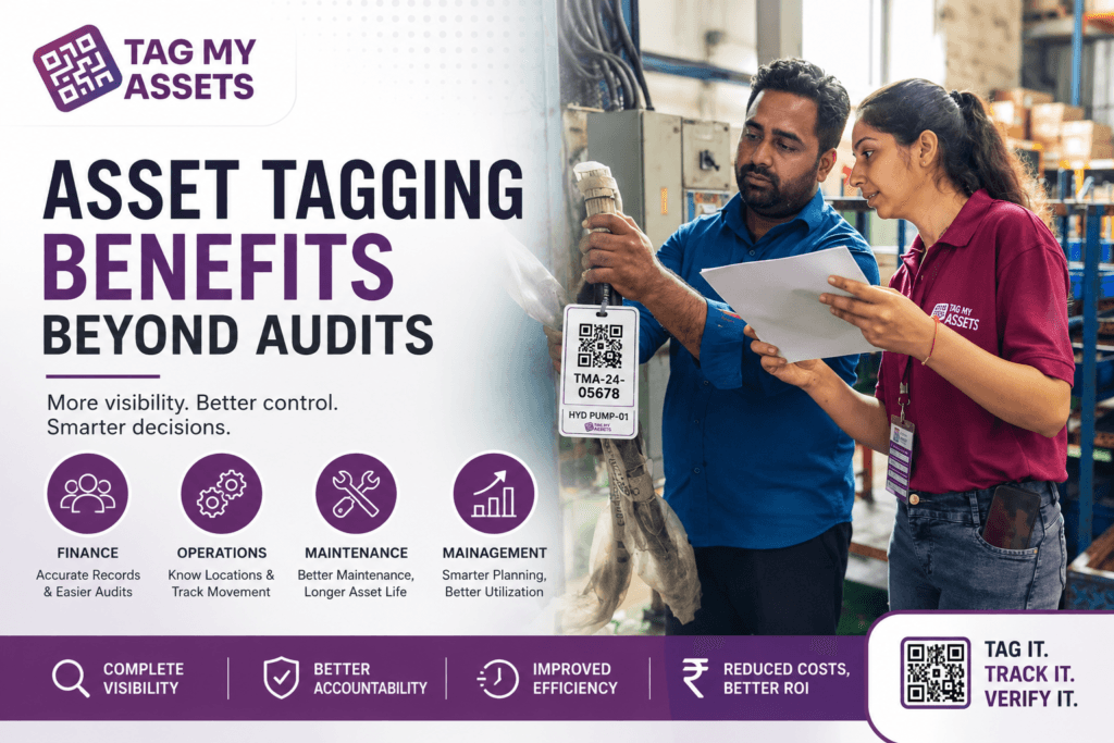 Tag My Assets team performing fixed asset tagging and physical verification in a manufacturing facility, highlighting the business benefits of asset tagging beyond audits.