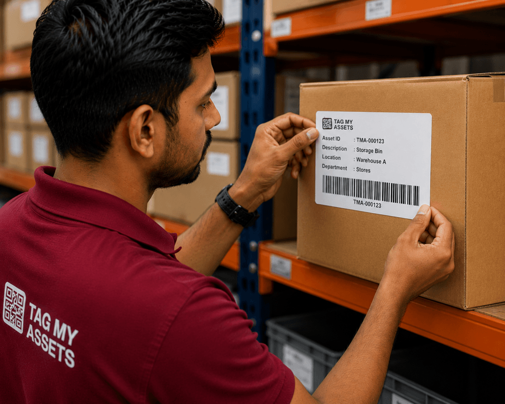 TagMyAssets technician pasting a barcode asset label with asset ID and location details on a storage bin in a warehouse