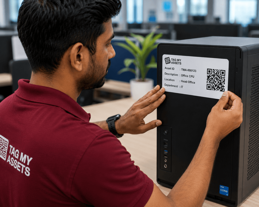 TagMyassets team "...pasting a QR code asset tag on a CPU during IT asset tagging at a corporate office