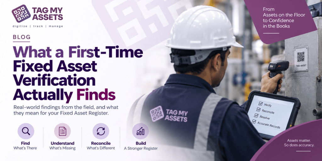 **Recommended Alt Text:**
First-time fixed asset verification showing on-site asset scanning, tagging and reconciliation to improve the Fixed Asset Register.