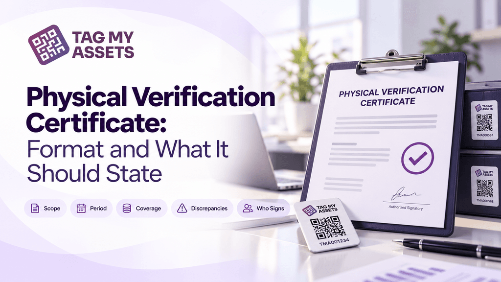 Physical Verification Certificate guide by TagMyAssets showing a verification certificate, asset tags, scope, period, coverage, discrepancies and signatory details.