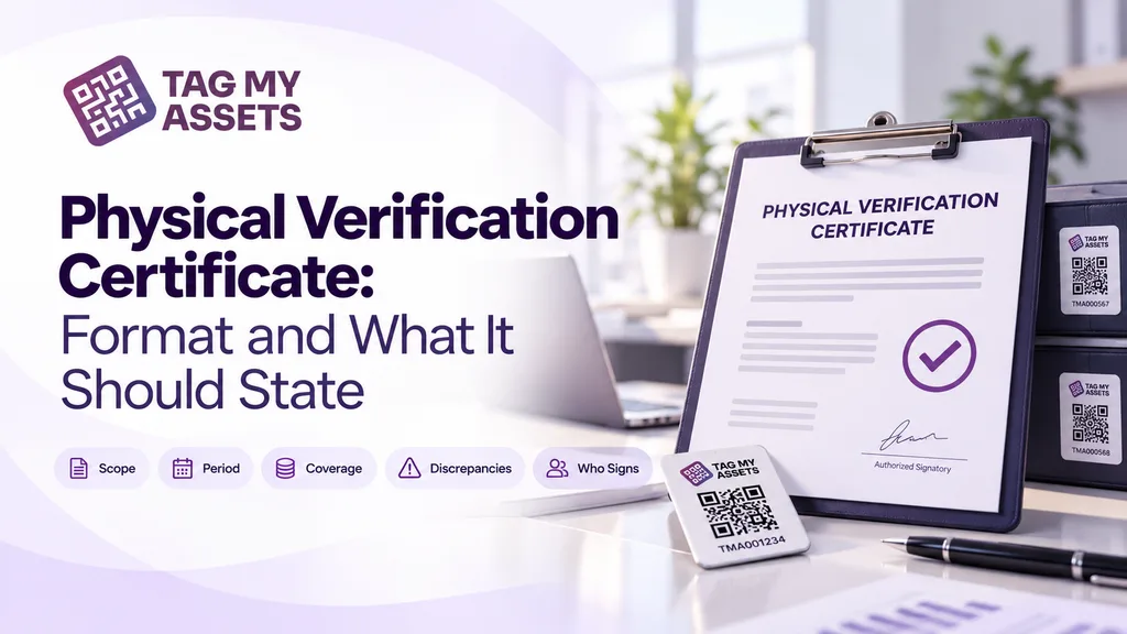 Physical Verification Certificate guide by TagMyAssets showing a verification certificate, asset tags, scope, period, coverage, discrepancies and signatory details.